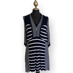 Puli Dress Striped Quarter Sleeve V-Neck Dress Dark Blue White Size Large
